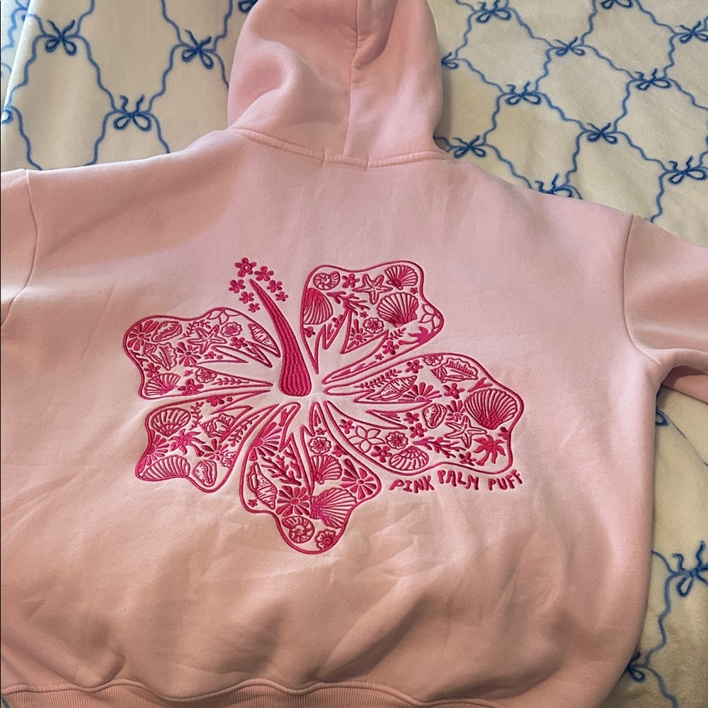Pink Hoodie, pink palm puff brand. cozy warm beach hoodie. - Picture 5 of 8